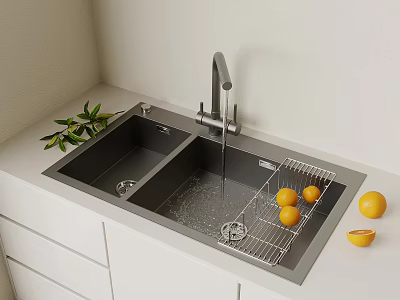 Modern Double Bowl Kitchen Sink with Faucet Drying Rack Lemons Green Leaves on White Countertop 3d model