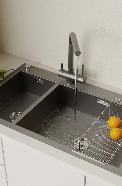 Modern Double Bowl Kitchen Sink with Faucet Drying Rack Lemons Green Leaves on White Countertop 3d model