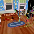 Colorful Kids Room Interior With Blue Cloud Walls Cactus Bedding Wooden Desk And Playful Toys