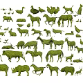 Various Animal Shaped Landscape Sculptures Created with Green Leaf Material Showcasing Wildlife