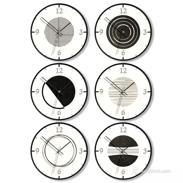 Various Decorative Wall Clocks Featuring Different Modern Design Patterns For Home Decor 3d model