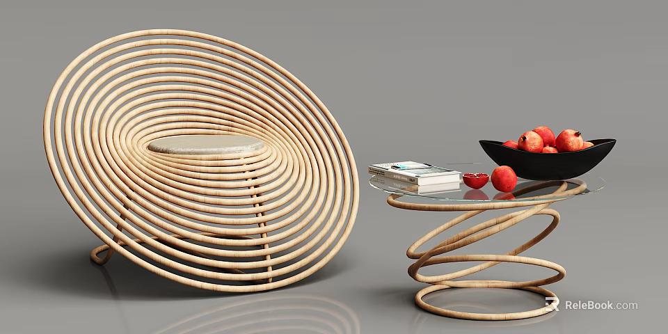 Spiral Wooden Round Tables With Circular Seat Glass Top Books And Red Fruits 3d model 