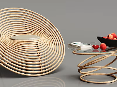 Spiral Wooden Round Tables With Circular Seat Glass Top Books And Red Fruits 3d model