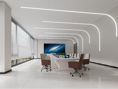 Modern Meeting Room Interior With Long Table Brown Chairs White Walls And Large Windows 3d model