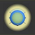 Blue Round Trampoline With Green Base Blue Legs Small White Logo And Yellow Glow