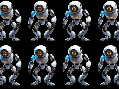 Smart Robots Featuring White Blue Body And Orange Eyes On Black Background 3d model