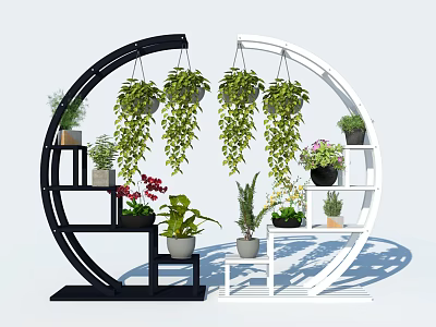 Garden Decorative Stand Black and White Semicircular with Hanging and Potted Plants 3d model