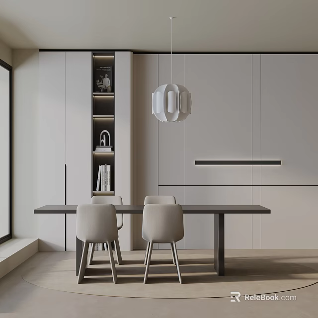 Modern Minimalist Dining Table Set With Chairs White Cabinets And Hanging Lamp 3d model 