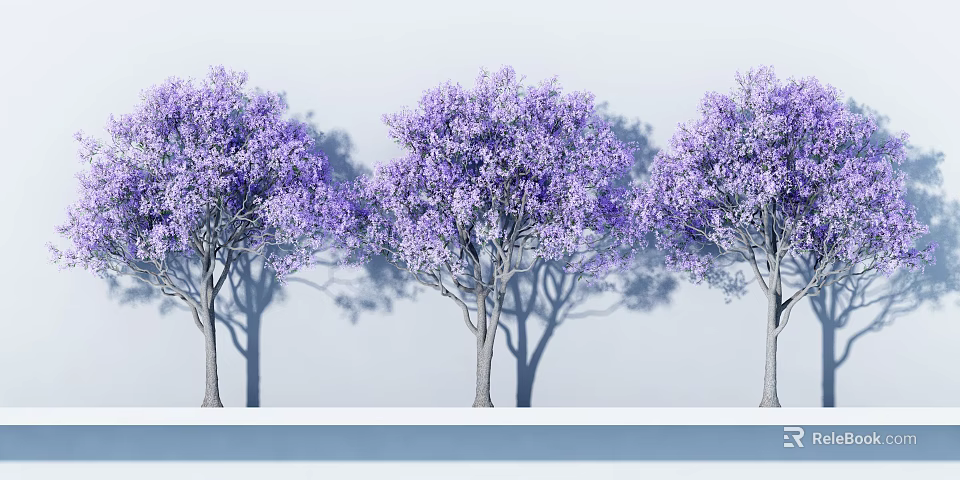 Purple Flowering Trees With Lush Canopies And Long Shadows In Landscape 3d model 