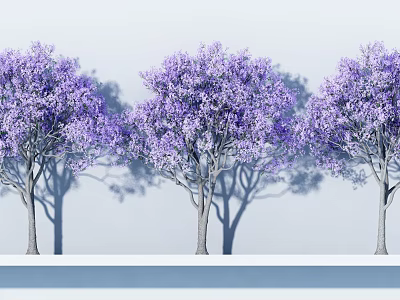 Purple Flowering Trees With Lush Canopies And Long Shadows In Landscape 3d model