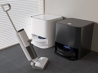 Smart Cleaning Machines With Handheld Vacuum Cleaner And White Black Robotic Base Stations 3d model