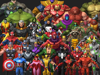 Superhero And Villain Characters Group Collection With Various Costumes And Poses 3d model