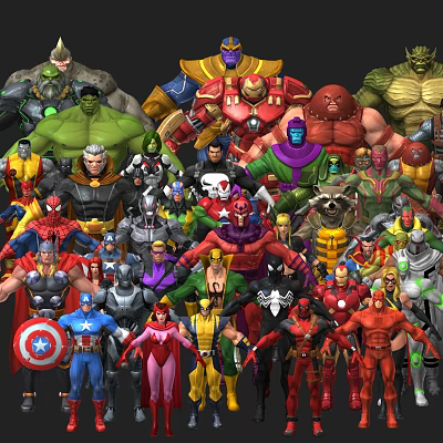 Superhero And Villain Characters Group Collection With Various Costumes And Poses 3d model