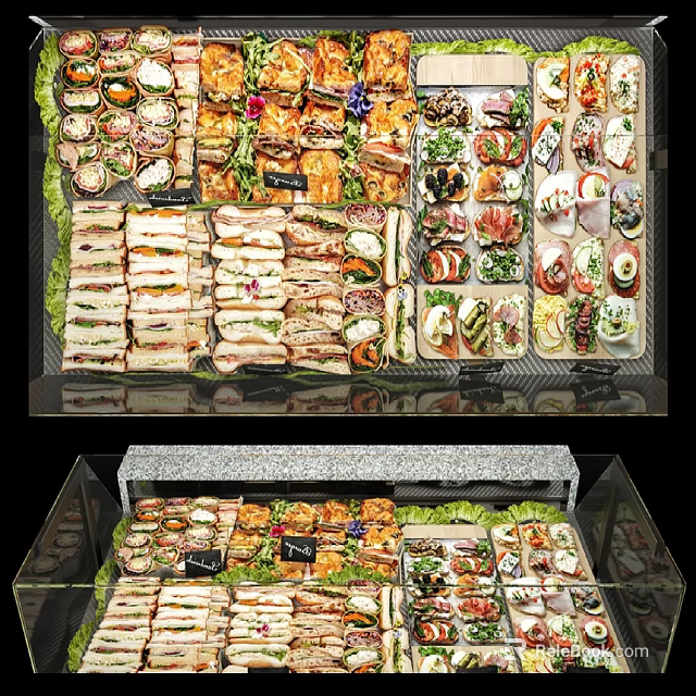 Assorted Fresh Food Display with Sandwiches Salads and Snacks on Buffet Table 3d model 