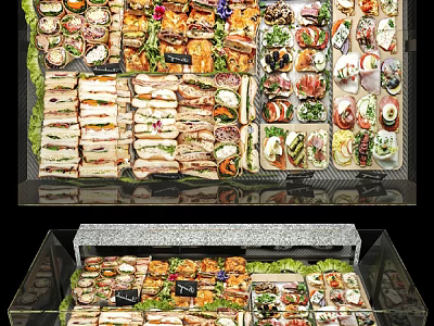 Assorted Fresh Food Display with Sandwiches Salads and Snacks on Buffet Table 3d model