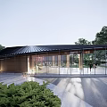 Modern Sales Office Building Design With Unique Roof Water Pool And Surrounding Trees