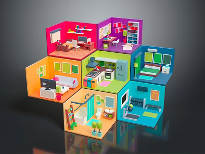 Cartoon Scene Of Colorful Cube Rooms With Various Miniature Furniture And Vibrant Design 3d model