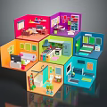 Cartoon Scene Of Colorful Cube Rooms With Various Miniature Furniture And Vibrant Design