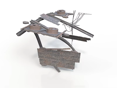 Abstract Scene Components With Metallic Frames Wooden Planks And Gear Elements 3d model