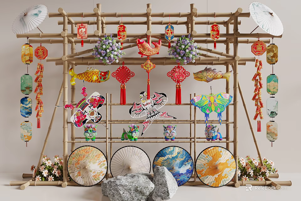 Traditional Chinese Decorative Display With Bamboo Structure Lanterns Paper Umbrellas And Ornaments 3d model 