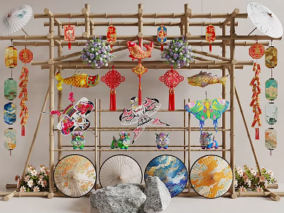 Traditional Chinese Decorative Display With Bamboo Structure Lanterns Paper Umbrellas And Ornaments 3d model