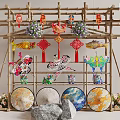 Traditional Chinese Decorative Display With Bamboo Structure Lanterns Paper Umbrellas And Ornaments