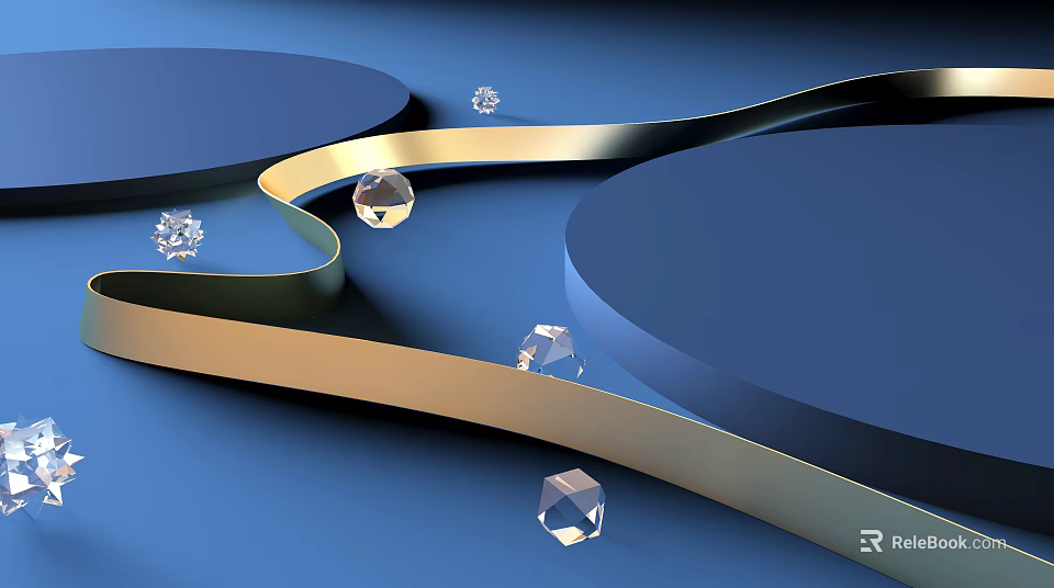 Modern Round Dark Blue Platforms with Golden Curved Lines and Transparent Diamond Decorations 3d model 