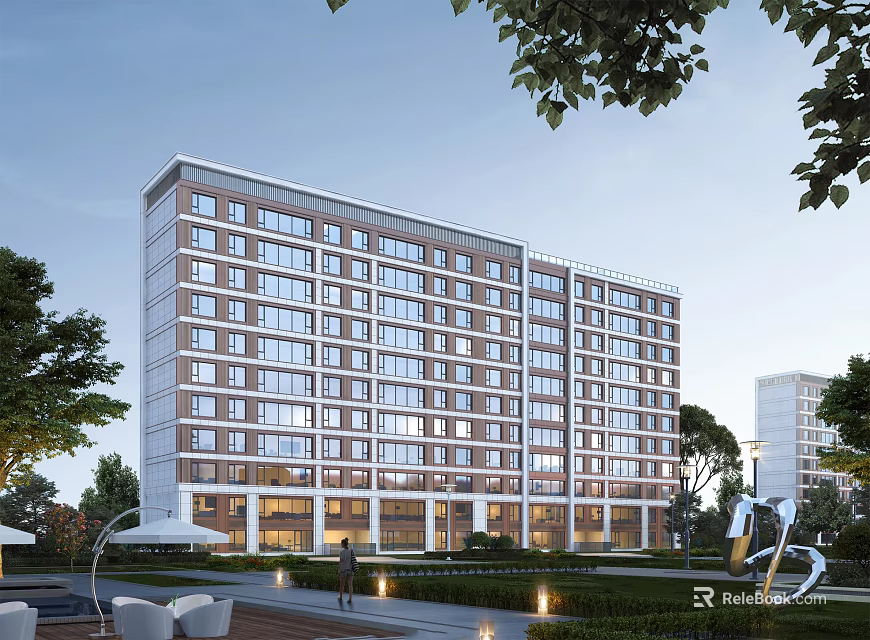 Modern Apartment Building Exterior With Tree Landscaping And Outdoor Seating Areas 3d model 