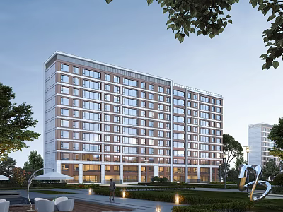 Modern Apartment Building Exterior With Tree Landscaping And Outdoor Seating Areas 3d model
