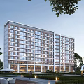 Modern Apartment Building Exterior With Tree Landscaping And Outdoor Seating Areas