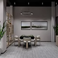 Modern Tea Room Interior With Arched Windows White Pillars Light Furniture and Green Plants