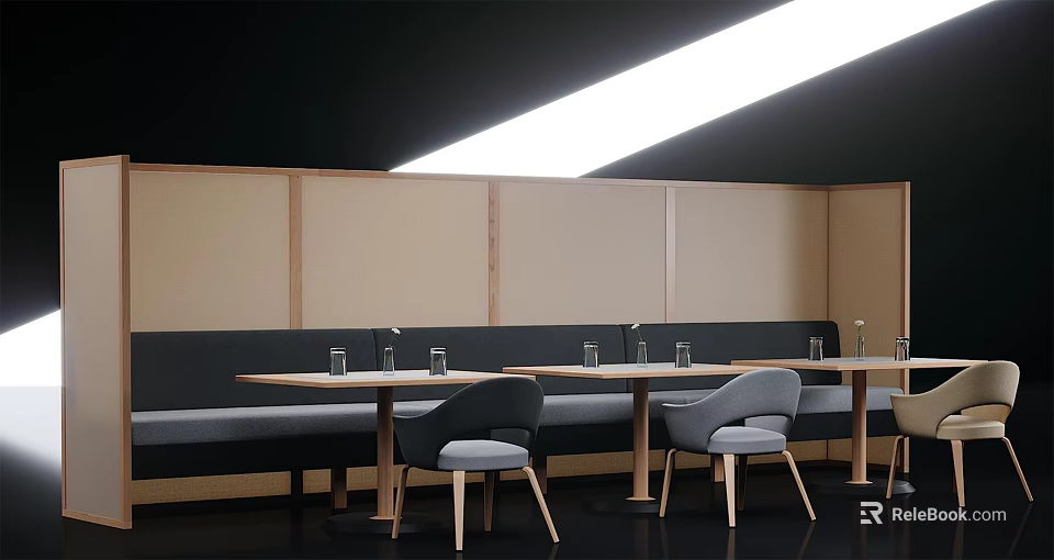 Modern Dining Table Set With Wooden Frame Grey Chairs And Strip Ceiling Light 3d model