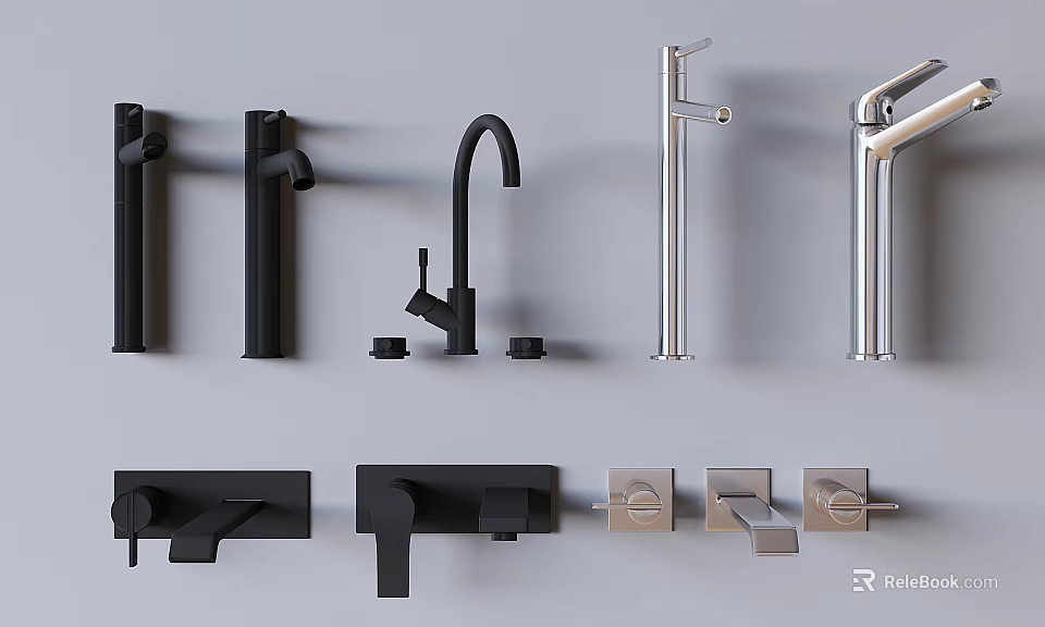 Modern Water Faucets Different Styles Black Silver Finishes Single Handle Wall Deck Mounted Designs 3d model