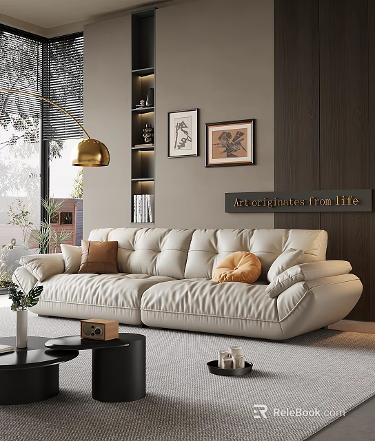 Modern Living Room Interior With Plush Sofa Throw Pillows Black Coffee Table Gold Pendant Light 3d model 