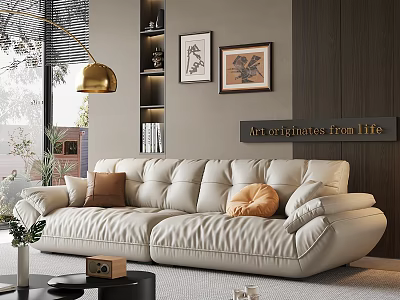 Modern Living Room Interior With Plush Sofa Throw Pillows Black Coffee Table Gold Pendant Light 3d model