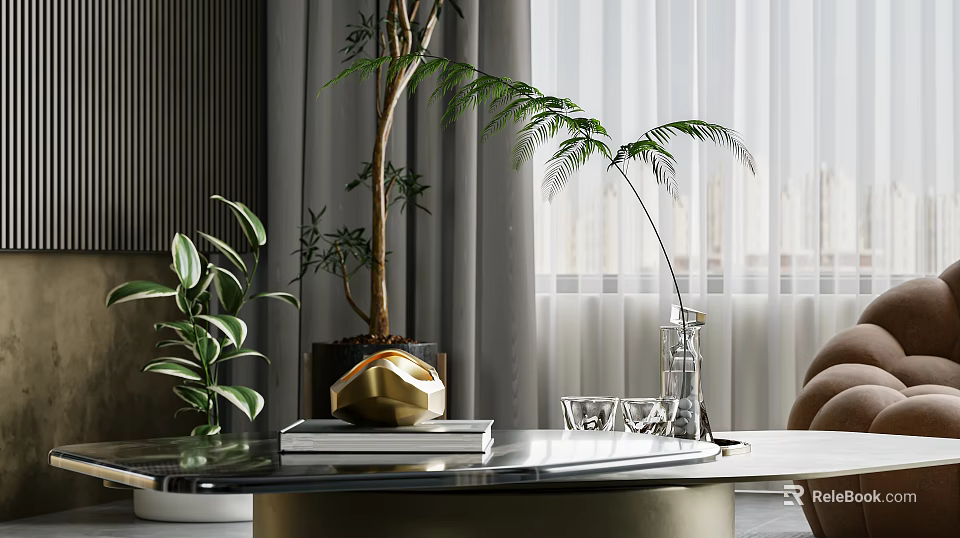 Modern Luxury Living Dining Room Interior With Green Plants Marble Coffee Table And Decor 3d model 