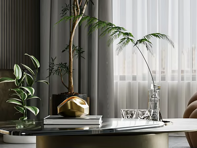 Modern Luxury Living Dining Room Interior With Green Plants Marble Coffee Table And Decor 3d model