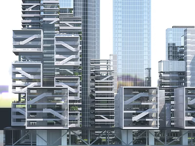 Modern Office Building Architectural Design With Geometric Shapes Glass Curtain Walls And Greenery 3d model