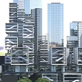 Modern Office Building Architectural Design With Geometric Shapes Glass Curtain Walls And Greenery