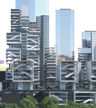 Modern Office Building Architectural Design With Geometric Shapes Glass Curtain Walls And Greenery 3d model