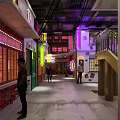 Vintage Commercial Street With Wangping Overpass Statue Neon Signs Staircase And Building Windows
