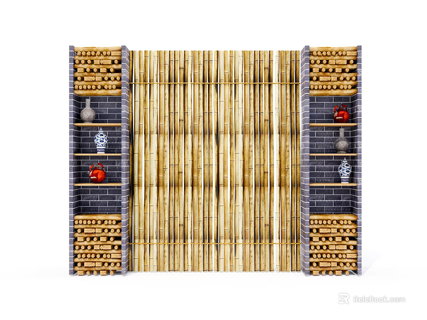 Bamboo Partition Design With Brick Wall Sides Featuring Decorative Shelves And Ornamental Vases 3d model 