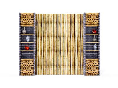 Bamboo Partition Design With Brick Wall Sides Featuring Decorative Shelves And Ornamental Vases 3d model