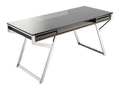 Modern Glass Top Desk With Sleek Metal Legs And Functional Drawers 3d model