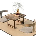 Natural Wooden Tea Table and Chairs with Gray Cushions and Plant Vase on Beige Mat