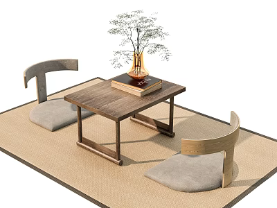 Natural Wooden Tea Table and Chairs with Gray Cushions and Plant Vase on Beige Mat 3d model