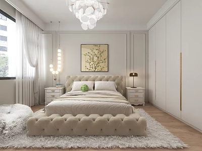 Modern Bedroom Interior Design With Beige Bed White Wardrobes Bedside Tables Fluffy Rug And Chandelier 3d model