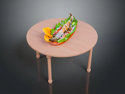 Grilled Fish Platter with Fresh Vegetables Served on Round Wooden Table 3d model