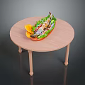 Grilled Fish Platter with Fresh Vegetables Served on Round Wooden Table 3d model