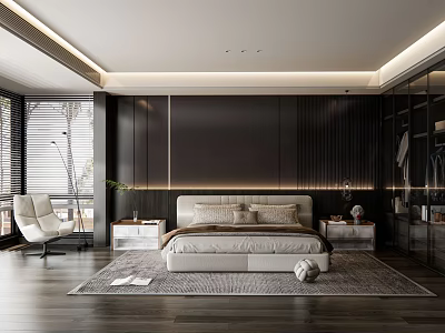 Modern Bedroom Interior With Dark Wooden Walls King Bed Nightstands Accent Chair And Area Rug 3d model